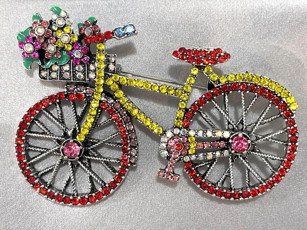 NWOT Multicolor Bicycle Brooch Lapel Pin Enamel Rhinestone Flower Basket